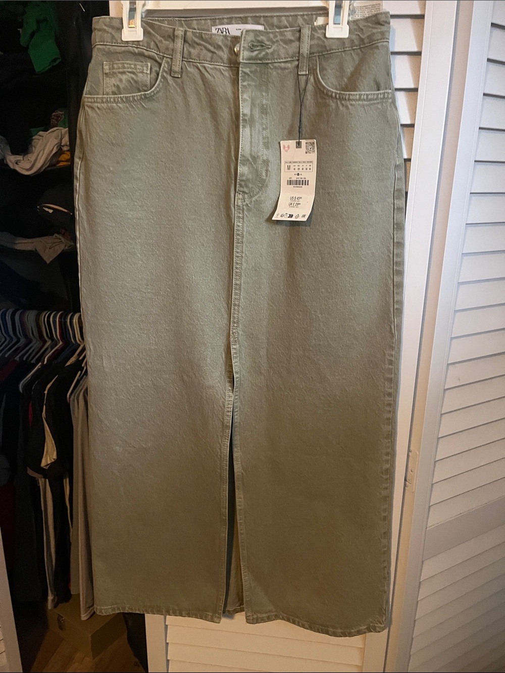 Zara Olive Straight Denim Maxi Skirt with Front Slit